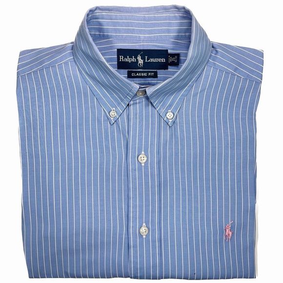 *VINTAGE* RALPH LAUREN Blue w/ White Pinstripes Pink Embroidered Oxford Shirt - Picture 1 of 4